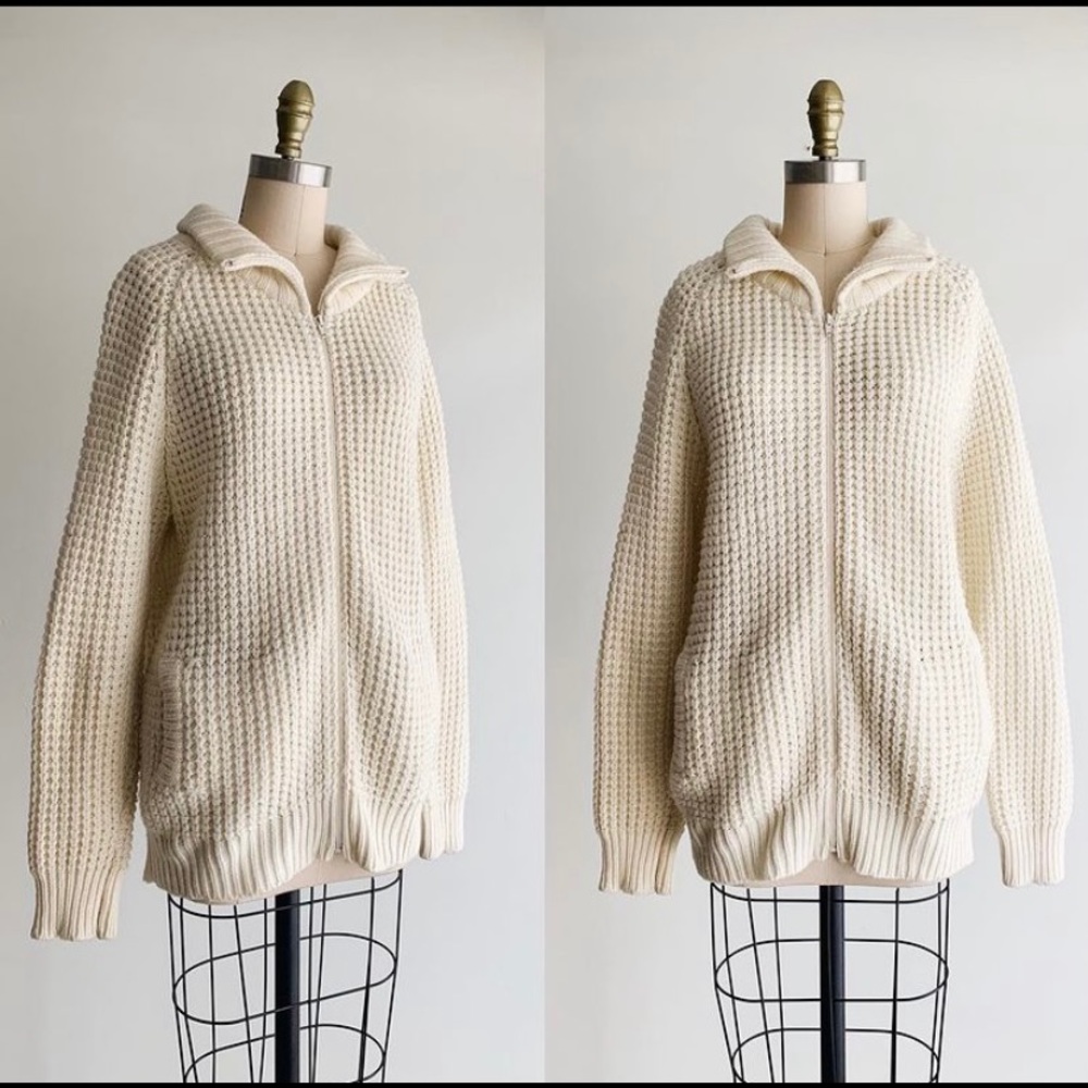 Vintage Vanilla Waffle Knit Zip-up Sweater